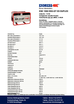 गैसोलीन पावर जनरेटर Endress ESE 1506 DSG-GT ES Duplex
