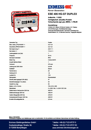 गैसोलीन पावर जनरेटर Endress ESE 406 HG-GT Duplex