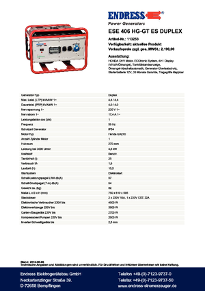 गैसोलीन पावर जनरेटर Endress ESE 406 HG-GT ES Duplex