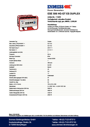 गैसोलीन पावर जनरेटर Endress ESE 506 HG-GT ES Duplex