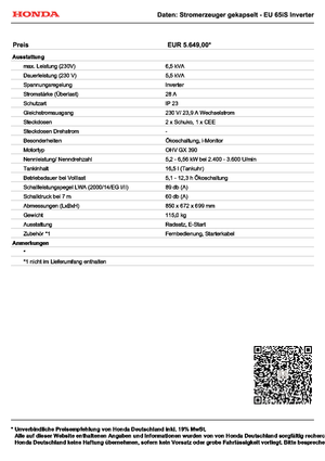 गैसोलीन पावर जनरेटर Honda EU 65 iS