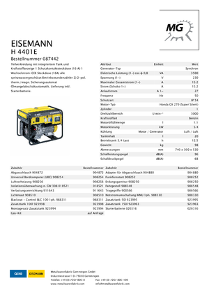 गैसोलीन पावर जनरेटर Eisemann H 4401 E