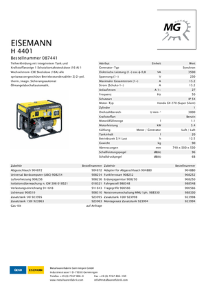 गैसोलीन पावर जनरेटर Eisemann H 4401