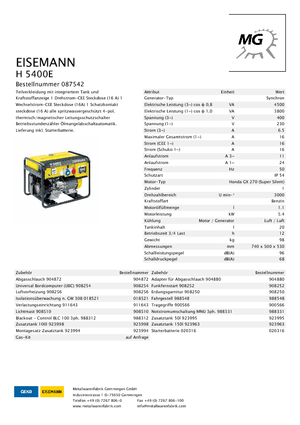 गैसोलीन पावर जनरेटर Eisemann H 5400  E