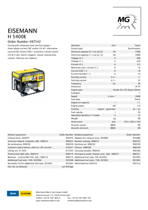 गैसोलीन पावर जनरेटर Eisemann H 5400  E