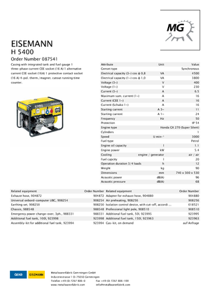 गैसोलीन पावर जनरेटर Eisemann H 5400