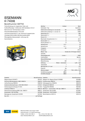 गैसोलीन पावर जनरेटर Eisemann H 7400 E