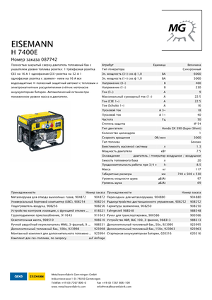 गैसोलीन पावर जनरेटर Eisemann H 7400 E
