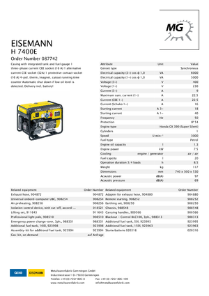 गैसोलीन पावर जनरेटर Eisemann H 7400 E