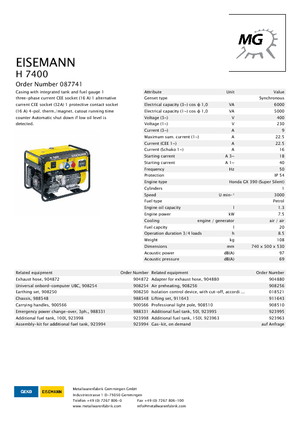 गैसोलीन पावर जनरेटर Eisemann H 7400