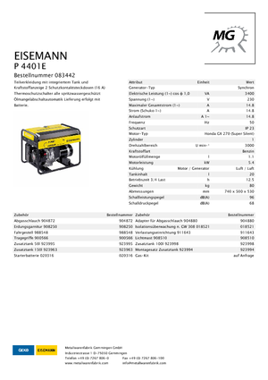 गैसोलीन पावर जनरेटर Eisemann P 4401 E
