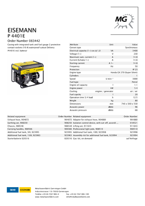 गैसोलीन पावर जनरेटर Eisemann P 4401 E