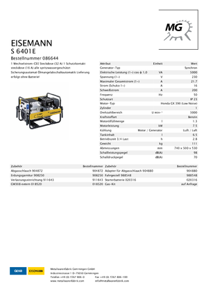 गैसोलीन पावर जनरेटर Eisemann S 6401 E