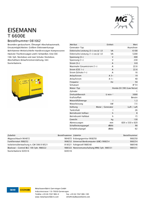 गैसोलीन पावर जनरेटर Eisemann T 6600 E