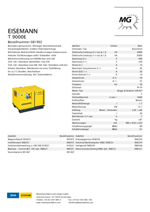 गैसोलीन पावर जनरेटर Eisemann T 9000 E
