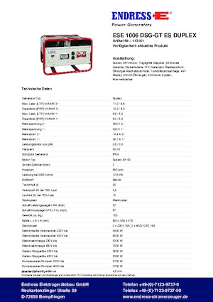 गैसोलीन पावर जनरेटर Endress ESE 1006 DSG-GT ES Duplex