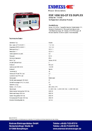गैसोलीन पावर जनरेटर Endress ESE 1006 SG-GT ES Duplex