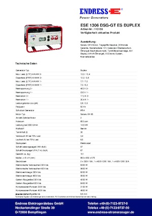 गैसोलीन पावर जनरेटर Endress ESE 1306 DSG-GT ES Duplex