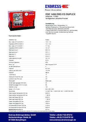 गैसोलीन पावर जनरेटर Endress ESE 1408 DBG ES Duplex Silent