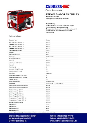 गैसोलीन पावर जनरेटर Endress ESE 606 DHG-GT ES Duplex