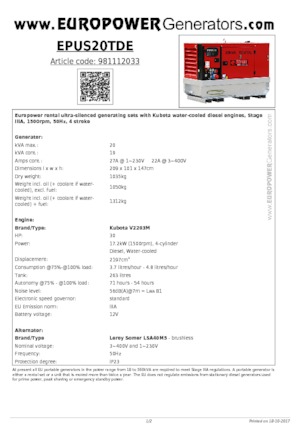 डीजल पावर जनरेटर Europower EPUS20TDE (LS)