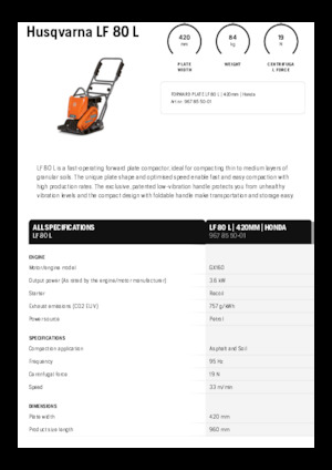 सिंगल डायरेक्शन वाइब्रेटरी प्लेट कॉम्पेक्टर Husqvarna LF 80 L
