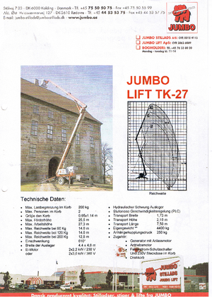 ट्रक माउंटेड आर्टिकुलेटिंग बूम लिफ्ट Jumbo Lift TK 27