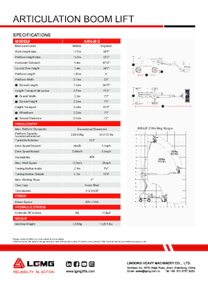व्हील्ड आर्टिकुलेटिंग बूम लिफ्ट LGMG  AR16JE-2